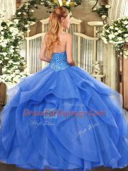 Decent Blue Tulle Lace Up Ball Gown Prom Dress Sleeveless Floor Length Beading and Ruffles