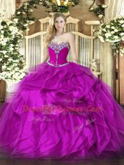 Fuchsia Lace Up 15 Quinceanera Dress Beading and Ruffles Sleeveless Floor Length