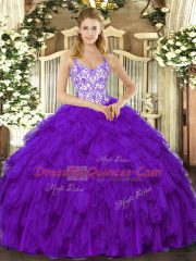 Purple Lace Up Straps Beading and Ruffles 15th Birthday Dress Organza Sleeveless