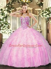 Shining Floor Length Rose Pink Vestidos de Quinceanera Sweetheart Sleeveless Lace Up