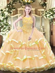 Exquisite Floor Length Gold 15 Quinceanera Dress Organza Sleeveless Beading and Ruffled Layers
