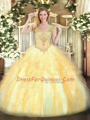 Fashionable Gold Organza Lace Up V-neck Sleeveless Floor Length 15th Birthday Dress Beading and Ruffles