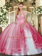 Noble Floor Length Pink Sweet 16 Dress Strapless Sleeveless Lace Up