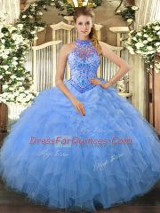 Artistic Sleeveless Floor Length Beading and Ruffles Lace Up Sweet 16 Quinceanera Dress with Baby Blue