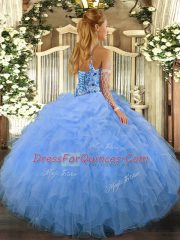 Artistic Sleeveless Floor Length Beading and Ruffles Lace Up Sweet 16 Quinceanera Dress with Baby Blue