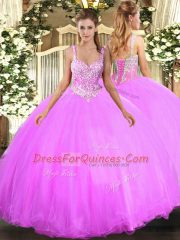 Beautiful Floor Length Lace Up 15th Birthday Dress Lilac for Military Ball and Sweet 16 and Quinceanera with Beading