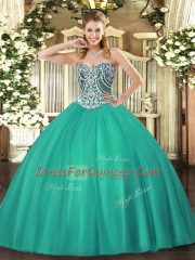 Turquoise Lace Up 15th Birthday Dress Beading Sleeveless Floor Length