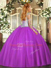 Latest Eggplant Purple Scoop Neckline Beading Sweet 16 Dresses Sleeveless Lace Up