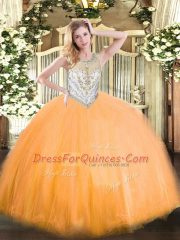 Orange Red Ball Gowns Scoop Sleeveless Tulle Floor Length Zipper Beading Quince Ball Gowns