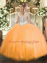 Orange Red Ball Gowns Scoop Sleeveless Tulle Floor Length Zipper Beading Quince Ball Gowns