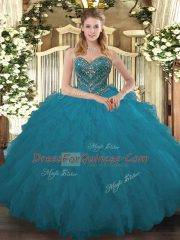 Exceptional Teal Ball Gowns Beading and Ruffled Layers Sweet 16 Dress Lace Up Tulle Sleeveless Floor Length