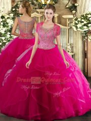 High Class Ball Gowns Quinceanera Dress Hot Pink Scoop Tulle Sleeveless Floor Length Clasp Handle