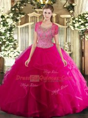 High Class Ball Gowns Quinceanera Dress Hot Pink Scoop Tulle Sleeveless Floor Length Clasp Handle