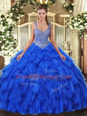 Perfect Sleeveless Organza Floor Length Lace Up Sweet 16 Dresses in Royal Blue with Beading and Ruffles