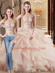 Trendy Tulle Sleeveless Sweet 16 Quinceanera Dress Brush Train and Beading and Ruffles