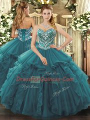 Admirable Turquoise Tulle Lace Up Sweetheart Sleeveless Floor Length Sweet 16 Quinceanera Dress Beading and Ruffles