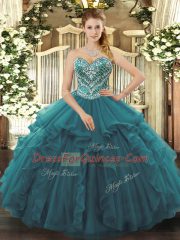 Admirable Turquoise Tulle Lace Up Sweetheart Sleeveless Floor Length Sweet 16 Quinceanera Dress Beading and Ruffles