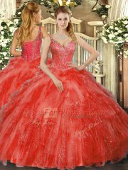 Best Red Ball Gowns V-neck Sleeveless Tulle Floor Length Lace Up Beading and Ruffles 15 Quinceanera Dress