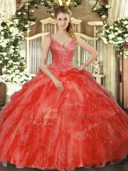 Best Red Ball Gowns V-neck Sleeveless Tulle Floor Length Lace Up Beading and Ruffles 15 Quinceanera Dress