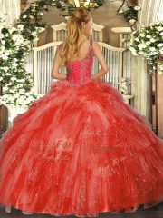 Best Red Ball Gowns V-neck Sleeveless Tulle Floor Length Lace Up Beading and Ruffles 15 Quinceanera Dress