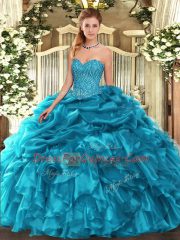 Unique Teal Organza Lace Up Sweetheart Sleeveless Floor Length 15 Quinceanera Dress Beading and Ruffles and Pick Ups