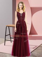 Attractive Burgundy Tulle Backless Square Sleeveless Floor Length Homecoming Dress Beading and Appliques