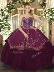 Discount Burgundy Sleeveless Beading and Pattern Floor Length Ball Gown Prom Dress