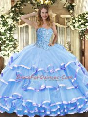 Aqua Blue 15 Quinceanera Dress Military Ball and Sweet 16 and Quinceanera with Beading and Ruffled Layers Sweetheart Sleeveless Lace Up