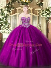 Lovely Fuchsia Tulle Lace Up Sweetheart Sleeveless Floor Length Sweet 16 Dress Beading