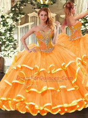 Fancy Sweetheart Sleeveless Lace Up Quince Ball Gowns Orange Organza
