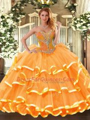Fancy Sweetheart Sleeveless Lace Up Quince Ball Gowns Orange Organza