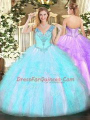 Dazzling Aqua Blue Sleeveless Beading and Ruffles Floor Length 15 Quinceanera Dress