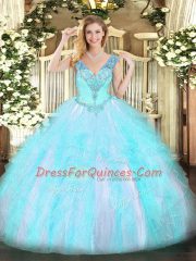 Dazzling Aqua Blue Sleeveless Beading and Ruffles Floor Length 15 Quinceanera Dress