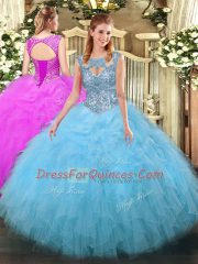 Aqua Blue Tulle Lace Up Scoop Sleeveless Floor Length Vestidos de Quinceanera Beading and Ruffles