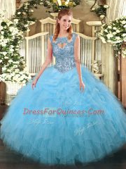 Aqua Blue Tulle Lace Up Scoop Sleeveless Floor Length Vestidos de Quinceanera Beading and Ruffles