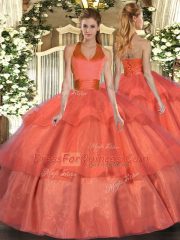 Exquisite Orange Red Tulle Lace Up Quinceanera Gowns Sleeveless Floor Length Ruffled Layers