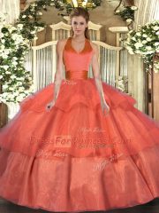 Exquisite Orange Red Tulle Lace Up Quinceanera Gowns Sleeveless Floor Length Ruffled Layers