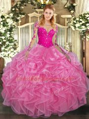 Floor Length Ball Gowns Long Sleeves Rose Pink Ball Gown Prom Dress Lace Up