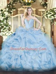 Sweetheart Sleeveless Sweet 16 Dress Floor Length Beading and Ruffles Blue Organza