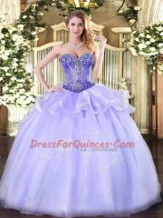 Fashionable Lavender Ball Gowns Sweetheart Sleeveless Organza Floor Length Lace Up Beading Quinceanera Dresses