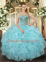 Best Sleeveless Floor Length Beading and Ruffled Layers Lace Up Quince Ball Gowns with Aqua Blue