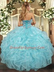 Best Sleeveless Floor Length Beading and Ruffled Layers Lace Up Quince Ball Gowns with Aqua Blue