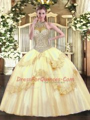 Superior Gold Halter Top Neckline Beading and Appliques Sweet 16 Dress Sleeveless Lace Up