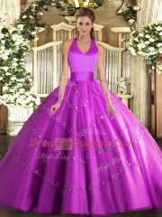 Fuchsia Halter Top Neckline Appliques Quinceanera Gown Sleeveless Lace Up