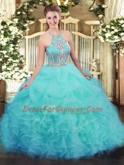 Latest Halter Top Sleeveless Tulle Vestidos de Quinceanera Ruffles Lace Up