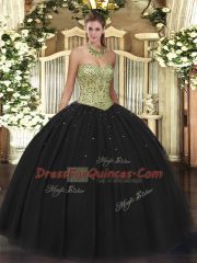 Tulle Sweetheart Sleeveless Lace Up Beading Sweet 16 Dresses in Black