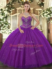 Purple Ball Gowns Tulle Sweetheart Sleeveless Beading Floor Length Lace Up Quinceanera Gowns