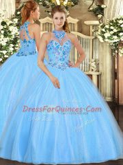 Beautiful Baby Blue Tulle Lace Up Halter Top Sleeveless Floor Length Sweet 16 Quinceanera Dress Embroidery