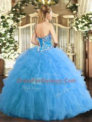 Floor Length Lace Up Quinceanera Gown Watermelon Red for Military Ball and Sweet 16 and Quinceanera with Beading and Ruffles