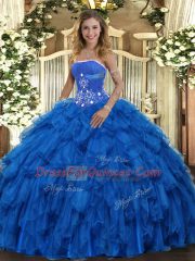 Superior Floor Length Royal Blue Ball Gown Prom Dress Organza Sleeveless Beading and Ruffles